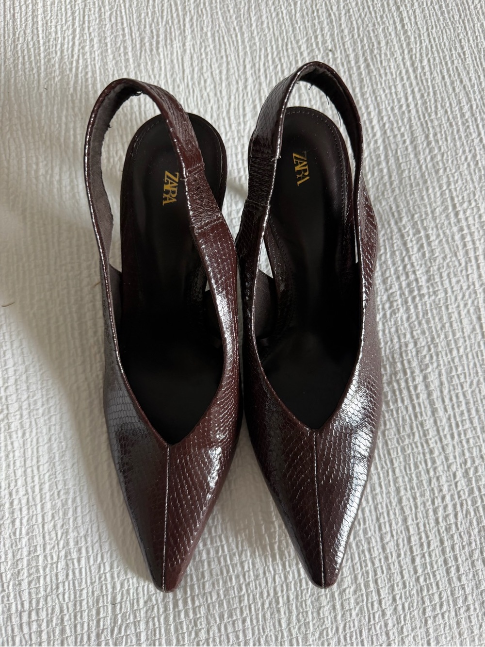 Zara Dark Brown Textured Slingback Pointed Pumps